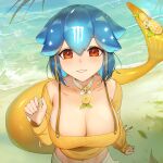  1girl bao_(vtuber) beach blue_hair breasts choker cleavage food fruit grass hand_up ice ice_cube indie_virtual_youtuber large_breasts leaf lemon lemon_slice looking_at_viewer midriff monster_energy navel parted_lips red_eyes shirt smile solo thernz upper_body water white_choker yellow_shirt 