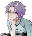  1boy blue_lock blue_shirt hand_up looking_at_viewer male_focus mikage_reo purple_eyes purple_hair shirt shizuka000217 short_hair short_sleeves simple_background solo upper_body white_background 