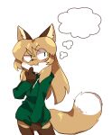  anthro averi_(fiddleafox) brown_body brown_fur canid canine clothing dipstick_tail exploitable female female_anthro fiddleafox fox fur gloves_(marking) green_clothing green_eyes hair mammal markings solo tail tail_markings thought_bubble white_body white_fur 