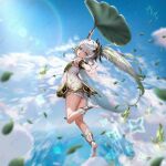  1girl absurdres blue_sky cloud cloudy_sky dress floating genshin_impact giant_leaf green_eyes highres leaf leaf_umbrella light_rays max_dot_mov midair nahida_(genshin_impact) reaching reaching_towards_viewer self-upload short_dress sky solo sunbeam sunlight white_hair 