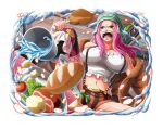  1girl bread brown_jacket cup food game_cg jacket jewelry_bonney long_hair meat midriff navel official_art one_piece one_piece_treasure_cruise open_mouth piercing pink_hair shirt solo teeth tomato water white_shirt 