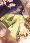  1boy alternate_costume ashiya_douman_(fate) black_eyes black_hair cherry_blossoms curly_hair earrings falling_petals fate/grand_order fate_(series) foreshortening green_kimono highres japanese_clothes jewelry kimono long_hair looking_outside magatama magatama_earrings multicolored_hair pectoral_cleavage pectorals perspective petals solo split-color_hair ushijiya very_long_fingernails very_long_hair white_hair 