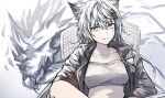  1girl animal_ears arknights bandeau commentary_request grey_eyes grin highres kiyakyuu lappland_(arknights) long_hair looking_at_viewer midriff smile solo strapless tube_top upper_body very_long_hair white_hair wolf_ears 