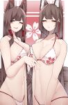  2girls :d absurdres akagi_(azur_lane) amagi_(azur_lane) animal_ears asymmetrical_docking azur_lane banner bare_shoulders bikini blush breast_press breasts brown_hair cleavage closed_eyes cowboy_shot eyeshadow floral_print fox_ears fox_girl fox_tail from_side hair_tubes highres large_breasts long_bangs looking_to_the_side makeup multiple_girls navel open_mouth print_bikini red_eyes red_eyeshadow sakura_empire_(emblem) samip sidelocks smile stomach straight_hair string_bikini swimsuit tail teeth thick_eyebrows upper_teeth_only white_bikini 