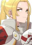  1girl armor blonde_hair closed_mouth commentary fcgc_(friedalwaysgood) fire_emblem fire_emblem_engage high_ponytail highres jade_(fire_emblem) looking_at_viewer looking_to_the_side medium_hair portrait sidelocks simple_background smile solo white_background yellow_eyes 