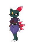  anthro belt big_breasts black_body bottomwear breasts claws clothing denim denim_clothing feathers female generation_2_pokemon jacket jeans nintendo pants pokeball pokemon pokemon_(species) red_eyes simple_background sneasel solo tail thick_thighs topwear urusee584 white_background 