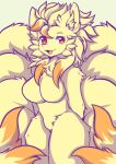  anthro breasts brown_body brown_fur female fluffy fluffy_tail fur generation_1_pokemon hi_res multi_tail ninetales nintendo nude open_mouth pokemon pokemon_(species) red_eyes solo squidgum tail 