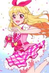  1girl :d aikatsu! aikatsu!_(series) blonde_hair blush bow collared_shirt commentary_request confetti frilled_skirt frills hairband highres holding holding_microphone hoshimiya_ichigo long_hair looking_at_viewer microphone necktie open_mouth pink_bow pink_eyes pink_hairband pink_necktie pink_skirt pink_vest pleated_skirt puffy_short_sleeves puffy_sleeves raimu_(01155103aiko) shirt short_sleeves skirt smile solo vest white_shirt 
