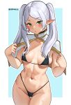  1girl abs absurdres bikini black_bikini blurry blurry_background breasts capelet commentary cromwellb earrings elf frieren green_eyes highres jewelry long_hair looking_at_viewer medium_breasts navel pointy_ears solo sousou_no_frieren swimsuit twintails two-tone_background white_background white_capelet white_hair 