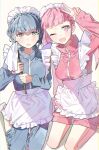  2girls alternate_costume apron bags_under_eyes blue_hair blue_jacket blunt_bangs blush braid commentary_request crown_braid duster fire_emblem fire_emblem:_three_houses frilled_apron frills highres hilda_valentine_goneril holding holding_duster jacket jersey_maid long_hair long_sleeves looking_at_viewer maid_apron maid_headdress marianne_von_edmund multiple_girls nmnm2332chan one_eye_closed open_mouth pants pink_eyes pink_hair pink_jacket short_hair simple_background smile track_jacket twintails v waist_apron white_apron white_background 