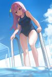  1girl ahoge blue_eyes blue_one-piece_swimsuit blush bocchi_the_rock! breasts cube_hair_ornament detached_ahoge from_below gotoh_hitori hair_between_eyes hair_ornament highres large_breasts long_hair minawa one-piece_swimsuit pink_hair pool pool_ladder poolside school_swimsuit side_ahoge solo swimsuit water 