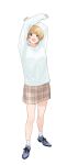  1girl arms_up bare_legs blonde_hair blush dark_skin fukuda_noriko full_body goshiki_suzu highres idolmaster idolmaster_million_live! looking_at_viewer plaid plaid_skirt shirt short_hair skirt sleeves_past_wrists smile solo white_shirt 