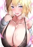  1girl absurdres artist_name blonde_hair blue_eyes breasts clothes_lift fate_(series) highres jeanne_d&#039;arc_(fate) large_breasts lee-taro looking_at_viewer medium_hair shirt_lift signature solo sweat upper_body white_background 