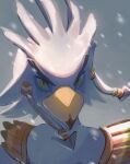  1boy beak bird_boy body_fur closed_mouth commentary_request furry furry_male grey_background hair_tie looking_at_viewer male_focus motion_blur portrait rito short_hair shoulder_pads sidelocks simple_background snowing solo teba_(zelda) the_legend_of_zelda the_legend_of_zelda:_breath_of_the_wild ukata white_fur white_hair yellow_eyes 
