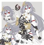  1girl :q black_feathers black_gloves bridal_gauntlets closed_mouth collarbone commentary_request feathers fingerless_gloves fu_hua fu_hua_(herrscher_of_sentience) gloves grey_background grey_hair hair_between_eyes hand_up holding honkai_(series) honkai_impact_3rd long_hair multiple_views pale_skin red_eyes romaji_text smile tamakibi tongue tongue_out two-tone_background very_long_hair watermark white_background 