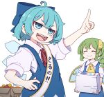  2girls absurdres ahoge arm_up ascot blue_bow blue_dress blue_eyes blue_hair blush_stickers bow cirno closed_eyes closed_mouth collared_shirt daiyousei detached_wings dress fairy fairy_wings green_hair hair_bow highres ice ice_wings kame_(kamepan44231) multiple_girls open_mouth pinafore_dress puffy_short_sleeves puffy_sleeves shirt short_hair short_sleeves side_ponytail simple_background sleeveless sleeveless_dress smile touhou white_background white_shirt wings yellow_ascot 