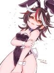  1girl animal_ears artist_name bare_shoulders black_hair black_leotard blush cowboy_shot dated embarrassed fake_animal_ears fangs flying_sweatdrops hamriku hand_on_own_arm highres horns kijin_seija leotard long_hair looking_at_viewer multicolored_hair open_mouth playboy_bunny rabbit_ears rabbit_tail red_eyes red_hair revision simple_background skin_fangs solo strapless strapless_leotard streaked_hair tail touhou white_background white_hair wrist_cuffs 