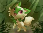 artist_name ezpups grass looking_at_viewer no_humans open_mouth outdoors plant pokemon pokemon_(creature) solo sprigatito vines watermark 