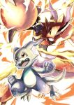  2others claws clenched_hands digimon digimon_(creature) energy_ball fire fladramon horns multiple_others no_humans open_mouth red_eyes single_horn takeuchi_(rtakeuchi1535) v-mon 