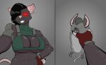  2023 2koma abs anthro arm_tuft bent_arm big_breasts black_body black_claws black_eyebrows black_fur black_hair black_nose breasts buckteeth bulging_breasts claws clothed clothing comic countershade_hands countershade_torso countershading digital_drawing_(artwork) digital_media_(artwork) duo ear_piercing ear_ring elbow_tuft empty_eyes extended_arm extreme_size_difference eyebrows female finger_claws fingerless_gloves freckles frown fur fur_tuft glistening glistening_breasts glistening_hair gloves glowing glowing_eyes gnoll green_clothing green_topwear grey_background grey_body grey_fur grey_hair grey_inner_ear_fluff grey_shoulder_pads grey_tail hair hair_over_eye hand_on_hip hand_on_own_hip handwear hi_res holding_another humanoid_hands hyena inner_ear_fluff larger_female looking_at_viewer male male/female mammal markings multicolored_body multicolored_fur murid murine one_eye_obstructed piercing pink_ears pink_inner_ear pink_nose pink_tail rat red_clothing red_eyes red_gloves red_handwear ring_piercing rodent shadow short_hair shoulder_pads shoulder_tuft side_cut simple_background size_difference skimpy small_eyes smaller_male striped_markings striped_tail stripes stupidgnoll stupidgnoll_(character) tail tail_markings teeth titi_(titiratthing) topwear tuft two_tone_body two_tone_fur white_body white_countershading white_fur yellow_eyes 