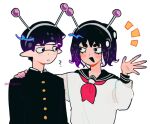  1boy 1girl ? alternate_form artist_name black_eyes black_sailor_collar blunt_bangs blush commentary english_commentary gakuran hairband hand_on_another&#039;s_shoulder highres inkling kageyama_shigeo kaogens kurata_tome long_sleeves looking_at_another mob_psycho_100 neckerchief octoling open_mouth purple_hair red_neckerchief sailor_collar school_uniform serafuku shirt short_hair simple_background smile splatoon_(series) tentacle_hair upper_body white_background white_shirt 