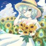  1girl ;d alternate_costume asayanagi bare_shoulders blue_sky breasts brown_headwear cleavage cloud commentary_request dated dress field flower flower_field green_eyes green_hair hand_in_own_hair large_breasts light_rays looking_at_viewer one_eye_closed open_mouth outdoors short_hair signature sky smile soga_no_tojiko solo sundress sunflower touhou white_dress 