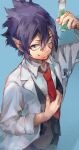  1boy amajiki_tamaki black_eyes black_vest blue_background boku_no_hero_academia collared_shirt highres holding holding_test_tube kushiro_(kushiro46) lab_coat male_focus necktie pen_in_pocket pointy_ears purple_hair red_necktie shirt solo spiked_hair sweatdrop test_tube vest white_shirt 