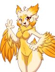  absurd_res anthro avian beak bird breasts feathered_arms feathers featureless_breasts featureless_crotch female gesture hand_on_hip hi_res jasmin_(jasminthemanticore) jasminthemanticore looking_at_viewer small_waist solo waving waving_at_viewer wide_hips yellow_body yellow_eyes yellow_feathers 