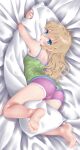  1girl barefoot bed_sheet blonde_hair blue_eyes blush camisole dd_(ijigendd) highres looking_at_viewer lying object_hug on_bed open_mouth original pillow pillow_hug solo 