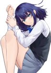  1girl absurdres bare_legs biting black_sweater_vest blue_bow blue_bowtie blue_eyes blue_hair bow bowtie closed_mouth collared_shirt commentary crying crying_with_eyes_open feet_out_of_frame grey_skirt hair_between_eyes highres holding_own_wrist kurokawa_akane lip_biting long_sleeves looking_at_viewer lying medium_hair on_side oshi_no_ko pleated_skirt puffy_sleeves school_uniform shirt sidelocks simple_background skirt solo streaming_tears sweater_vest tapume tears variant_set white_background white_shirt 