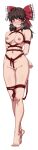 1girl arms_behind_back blush bow breasts brown_hair clenched_hand embarrassed frown hair_bow hakurei_reimu highres long_hair medium_breasts navel nipples nude ootsuki_wataru pussy shibari solo standing sweat tall_image tiptoes touhou 