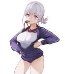  1girl alternate_costume blowing_whistle buruma cowboy_shot girls&#039;_frontline gym_uniform hand_on_own_hip jacket looking_at_viewer mouth_hold open_clothes purple_buruma purple_eyes purple_jacket rpk-16_(girls&#039;_frontline) shirt short_hair simple_background solo standing thighs track_jacket whistle white_background white_shirt zerowill 
