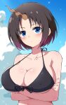  1girl absurdres bare_arms bare_shoulders bikini black_bikini black_hair blue_eyes blue_sky blush breasts cleavage cloud collarbone crossed_arms dragon_girl dragon_horns eggman_(pixiv28975023) elma_(maidragon) flying_sweatdrops gradient_hair highres horns kobayashi-san_chi_no_maidragon large_breasts looking_at_viewer multicolored_hair open_mouth outdoors purple_hair short_hair single_horn sky solo swimsuit two-tone_hair underboob upper_body 