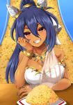  1girl an_oath_to_my_dear_challengers_(umamusume) animal_ears armlet arms_on_table bare_shoulders black_hair blue_nails blush bracelet breasts cleavage commentary_request dark-skinned_female dark_skin dress ear_covers ear_ornament food fried_rice gold_bracelet gold_necklace grin hair_between_eyes head_rest highres hishi_amazon_(hungry_veil)_(umamusume) hishi_amazon_(umamusume) horse_ears jewelry large_breasts long_hair looking_at_viewer musan_(mu34mi) nail_polish necklace official_alternate_costume plate ponytail red_eyes sleeveless sleeveless_dress smile solo table teeth umamusume upper_body veil white_dress 