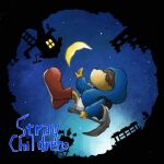  1boy blue_hoodie boots brown_hair commentary_request copyright_name crescent_moon full_body hair_over_eyes highres holding holding_pickaxe hood hood_up hoodie house long_sleeves moon mori_noriko nanashi_no_kodomo night night_sky pickaxe red_footwear shorts silhouette sky solo star_(sky) stray_children white_shorts 