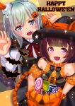  2girls alternate_costume animal_ears blue_eyes blush breasts candy chocolate food hair_ornament halloween happy_halloween hat highres horse_ears horse_girl looking_at_viewer multiple_girls nishino_flower_(umamusume) open_mouth otono_(bkt4b) seiun_sky_(umamusume) short_hair small_breasts tile_floor tiles umamusume witch_hat 