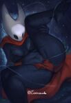  2023 absurd_res anthro arthropod big_breasts black_body black_skin breasts cave cloak cloak_only clothing curvy_figure detailed detailed_background digital_drawing_(artwork) digital_media_(artwork) feet female genitals hi_res hollow_knight hornet_(hollow_knight) insect legs_up lingerie presenting raised_leg solo team_cherry the_knight_(hollow_knight) tucolewds voluptuous wide_hips 