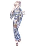  1girl blonde_hair blue_eyes dairoku_ryouhei edith_echelle full_body grey_kimono hand_up holding japanese_clothes kimono kinchaku kusunokinawate long_hair looking_at_viewer obi pouch sandals sash solo standing transparent_background wide_sleeves yukata 