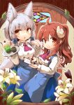  2girls ahoge animal_ear_fluff animal_ears apron ascot blue_apron blue_bow blue_skirt blunt_bangs blush bow breasts brown_eyes brown_hair cafe chestnut_mouth closed_mouth collared_shirt commentary cowboy_shot curled_horns demon_girl demon_horns demon_tail eyelashes eyes_visible_through_hair flower fox_ears fox_girl fox_tail hair_between_eyes hair_bow hands_up highres holding holding_notepad holding_pen holding_tray horns indoors kareya leaf lily_(flower) long_hair long_skirt long_sleeves looking_at_viewer machikado_mazoku medium_breasts multiple_girls notepad official_alternate_costume official_alternate_hairstyle open_mouth pen ponytail red_ascot riko_(machikado_mazoku) shirt short_eyebrows short_hair sidelocks skirt smile split_mouth standing straight_hair suspender_skirt suspenders tail tray waitress wavy_hair white_flower white_hair white_shirt yellow_eyes yoshida_yuuko_(machikado_mazoku) 