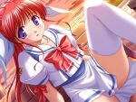  1girl amagasaki_mikoto bekkankou blush dress long_hair purple_eyes red_hair ribbon skirt thighhighs tsuki_wa_higashi_ni_hi_wa_nishi_ni 