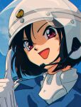  1990s_(style) 1girl alternate_costume ascot blue_shirt blue_sky brown_hair cloud cosplay gloves helmet microphone motorcycle_helmet nakajima_ken nakajima_ken_(cosplay) nzeneee red_eyes retro_artstyle shirt short_hair sky smile solo taiho_shichauzo tsujimoto_natsumi white_ascot white_gloves 