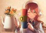  1girl :3 absurdres beret blue_nails blush bow bowtie brooch brown_hair closed_jacket closed_mouth commentary cup english_commentary flower hair_between_eyes hair_over_one_eye hat heart highres holding holding_cup holding_teapot idolmaster idolmaster_shiny_colors jewelry long_hair long_sleeves looking_at_viewer mug odecono3 one_eye_closed osaki_tenka smile steam tea teabag teapot turtleneck upper_body viewfinder wavy_hair yellow_eyes 