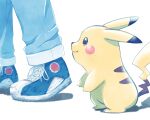  1boy ash_ketchum blue_footwear brown_eyes closed_mouth commentary_request from_side highres male_focus oekaki_fnyanky pants pikachu pokemon pokemon_(anime) pokemon_(classic_anime) pokemon_(creature) shoes simple_background smile sneakers standing white_background 