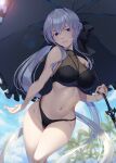  absurdres bikini black_bikini black_nails black_ribbon blue_eyes fate/grand_order fate_(series) grey_hair highres long_hair looking_at_viewer morgan_le_fay_(fate) mukunokino_isshiki parasol ribbon see-through_cleavage smile swimsuit umbrella very_long_hair 