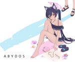  2girls animal_ear_fluff animal_ears arona&#039;s_sensei_doodle_(blue_archive) ass barefoot bikini black_bikini black_hair blue_archive bow breasts cameo cat_ears cat_girl character_name cleavage commentary_request cro_(user_znms5733) extra_ears frilled_bikini frills hair_between_eyes hair_bow hair_ribbon halo heart highres knee_to_chest knees_up long_hair multiple_girls navel out_of_frame red_eyes ribbon sandals sandals_removed sensei_(blue_archive) serika_(blue_archive) serika_(swimsuit)_(blue_archive) shell_casing shiroko_(blue_archive) shiroko_(swimsuit)_(blue_archive) sidelocks simple_background sleeveless spaghetti_strap starfish stomach swimsuit toes twintails 
