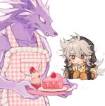  1boy animal apron blank_eyes blush cake cup drinking_straw fangs food fork frilled_apron frills fruit genshin_impact gloves grey_hair hair_between_eyes holding holding_fork hood hood_up long_hair male_focus orange_gloves parted_lips pink_apron plate razor_(genshin_impact) razor_is_cute red_eyes scar scar_on_face simple_background sparkle strawberry tray white_background wolf 