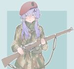  1girl absurdres beret bolt_action british_army camouflage camouflage_jacket commission green_background green_jacket green_scarf gun hat highres jacket lee-enfield military_uniform open_mouth purple_hair red_headwear rifle scarf shichisaburo skeb_commission solo special_air_service twintails uniform voiceroid weapon yuzuki_yukari 