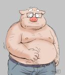  2023 5_fingers anthro belly big_belly bottomwear clothing domestic_pig eyes_closed eyewear fingers glasses humanoid_hands kemono male mammal moobs nipples overweight overweight_male pants simple_background solo suid suina sus_(pig) toshi_(artist) 