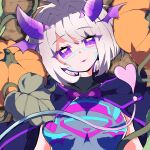  1girl :q absurdres black_bodysuit bob_cut bodysuit breasts cape detached_horns gradient_horns hair_intakes highres holographic_horns horns huge_breasts indie_virtual_youtuber looking_at_viewer medium_hair motherv3 multicolored_eyes multicolored_horns neon_trim pakkonn_sosaku pink_eyes pink_horns purple_cape purple_eyes purple_horns solo tail tongue tongue_out two-tone_eyes virtual_youtuber white_hair 