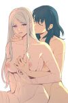  2girls blonde_hair blue_hair breasts byleth_(female)_(fire_emblem) byleth_(fire_emblem) closed_eyes collarbone commentary completely_nude cowboy_shot edelgard_von_hresvelg english_commentary fire_emblem fire_emblem:_three_houses from_side hand_on_another&#039;s_chest hand_on_another&#039;s_chin highres hug hug_from_behind light_blush long_hair medium_hair multiple_girls navel nude parted_lips purple_eyes radiostarkiller scar scar_on_arm scar_on_chest scar_on_hand scar_on_stomach sidelocks simple_background smile straight_hair swept_bangs toned too_many_scars white_background yuri 